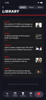 Library tab with saved articles for offline reading