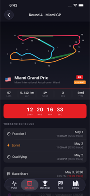 Miami GP race detail with track outline and weekend schedule