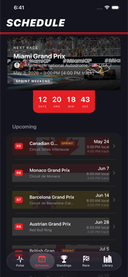 Schedule tab with race calendar and Miami GP countdown